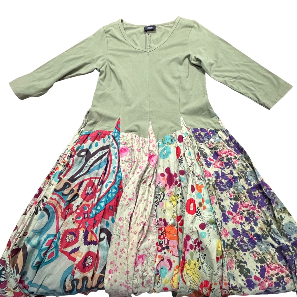 Zachary Green Patchwork Floral Paisley Knit Dress Womens Large V-Neck 3/4 Sleeve
